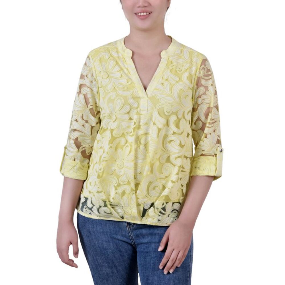 NY Collection Petite Long Sleeve Burnout Y-Neck Blouse